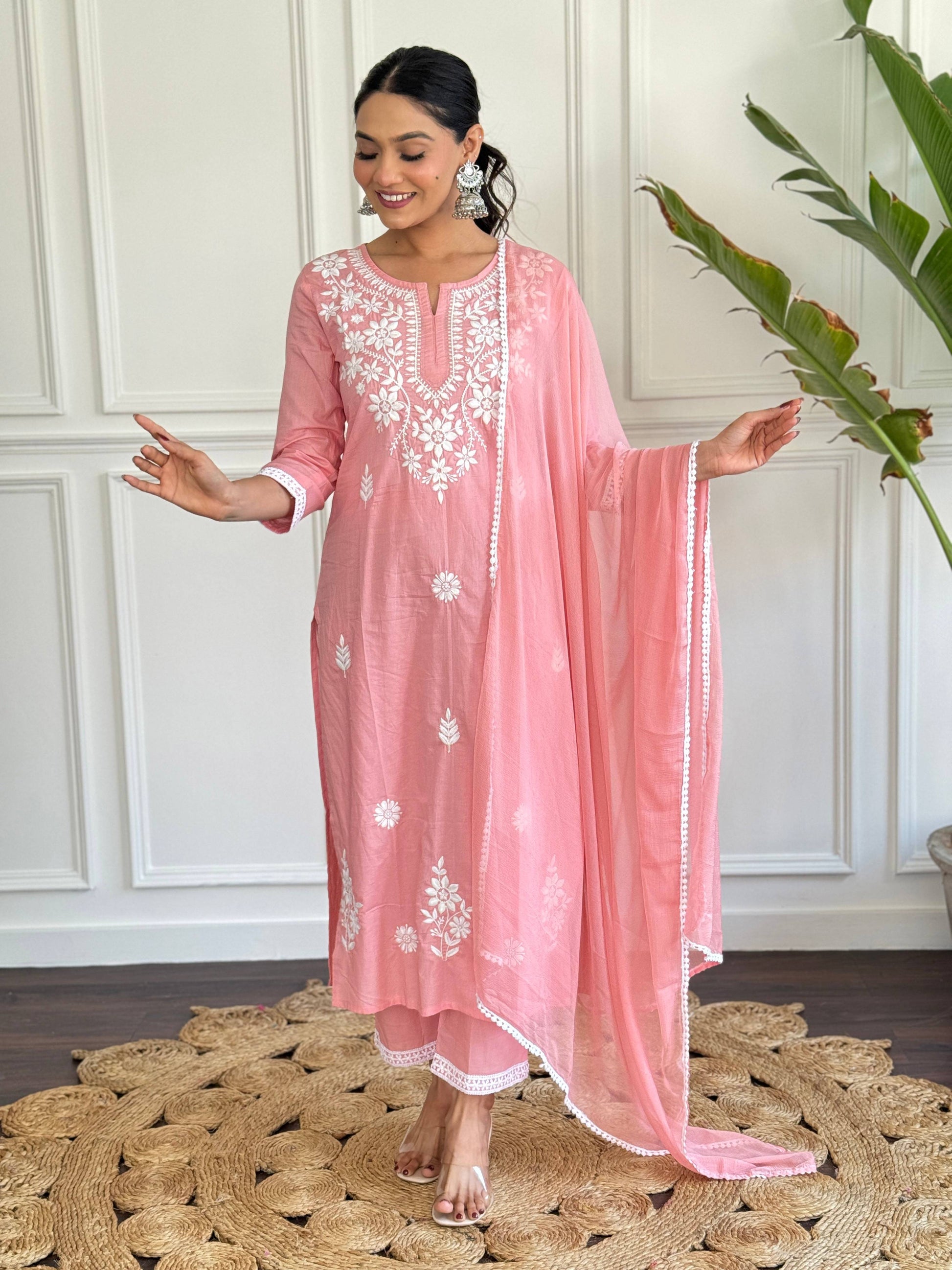 The52 Chikankari Work with Pure Cotton Fabric Straight Kurta, Pant and Dupatta Set 