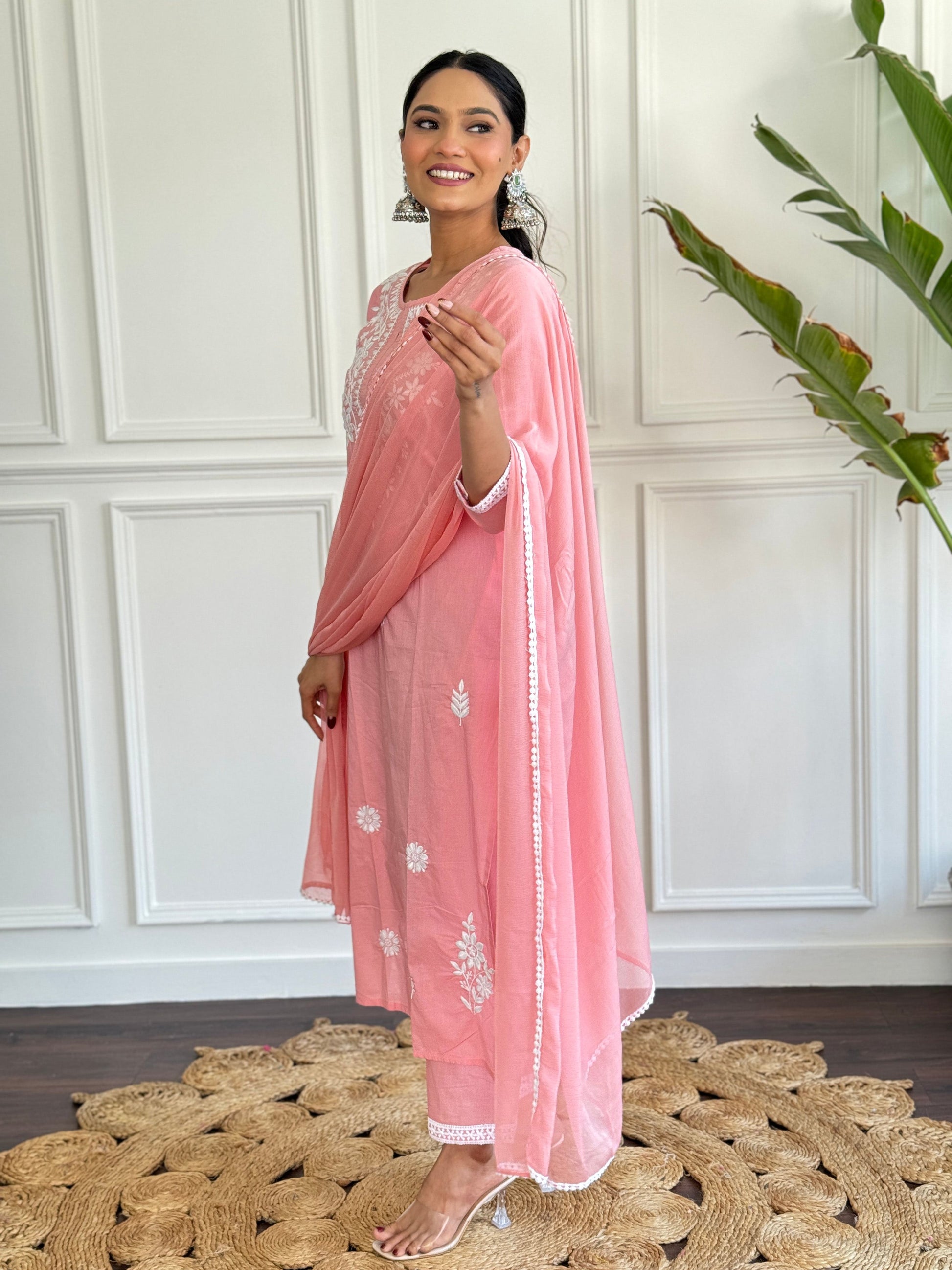 The52 Chikankari Work with Pure Cotton Fabric Straight Kurta, Pant and Dupatta Set 