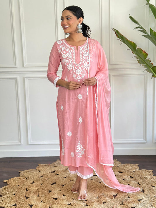 The52 Chikankari Work with Pure Cotton Fabric Straight Kurta, Pant and Dupatta Set 