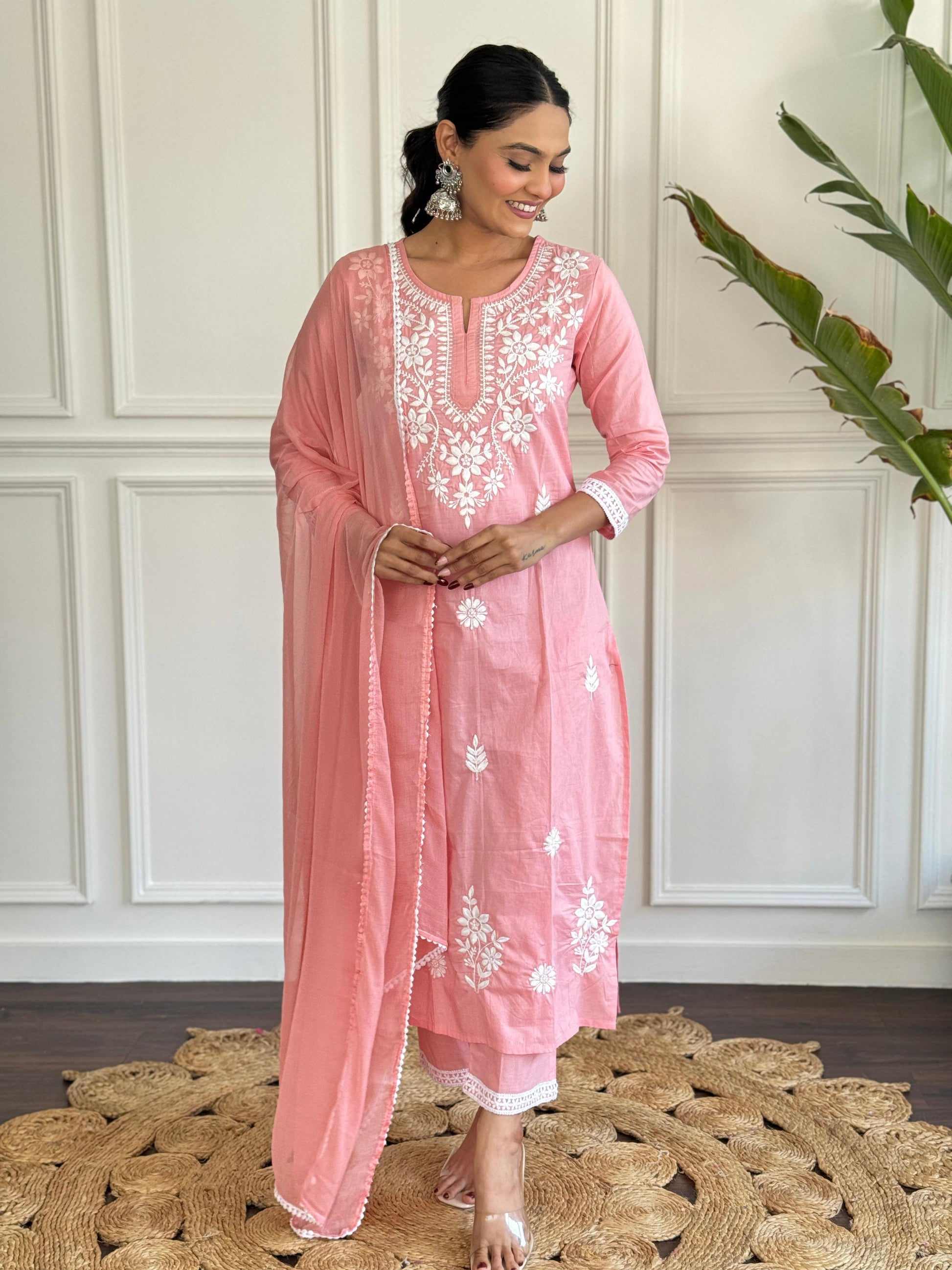 The52 Chikankari Work with Pure Cotton Fabric Straight Kurta, Pant and Dupatta Set 