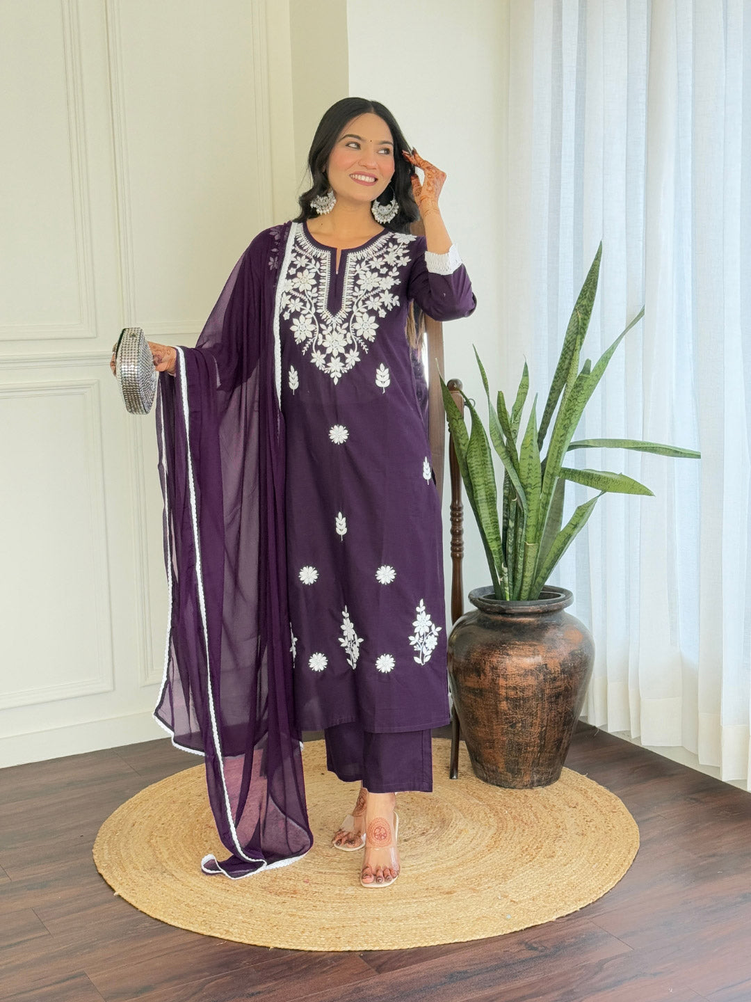 The52 Chikankari Work with Pure Cotton Fabric Straight Kurta, Pant and Dupatta Set 