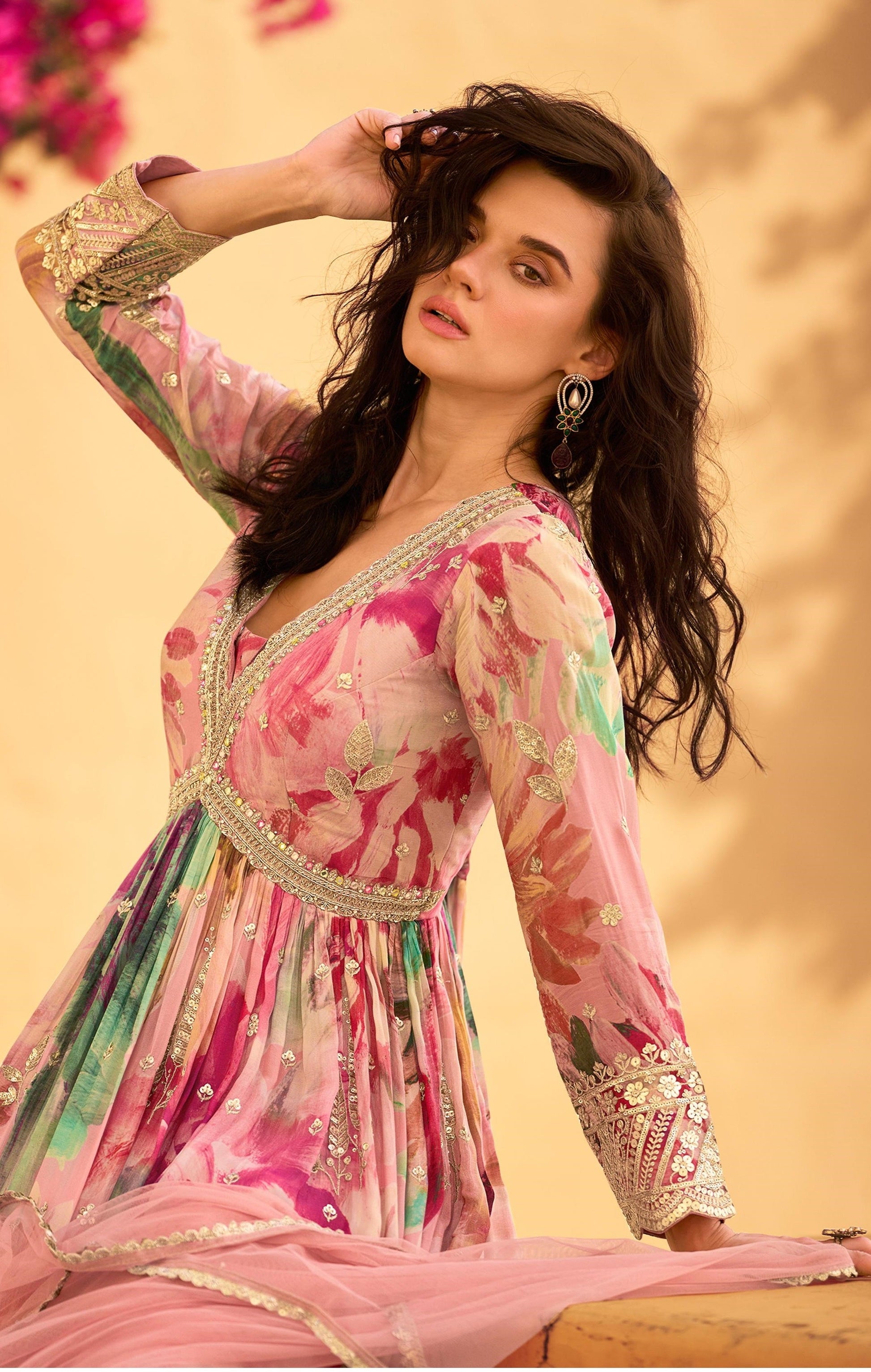 Anaita Pink Heavy Chinon With Embroidery Stitched Gown
