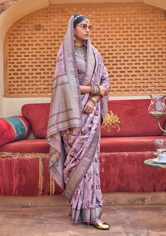 Monjolika Fashion Light Purple Floral Print Silk Blend Saree