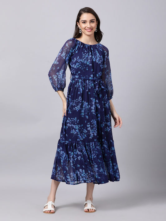 Souchii Navy Blue Floral Layered Chiffon A-Line Midi Dress 