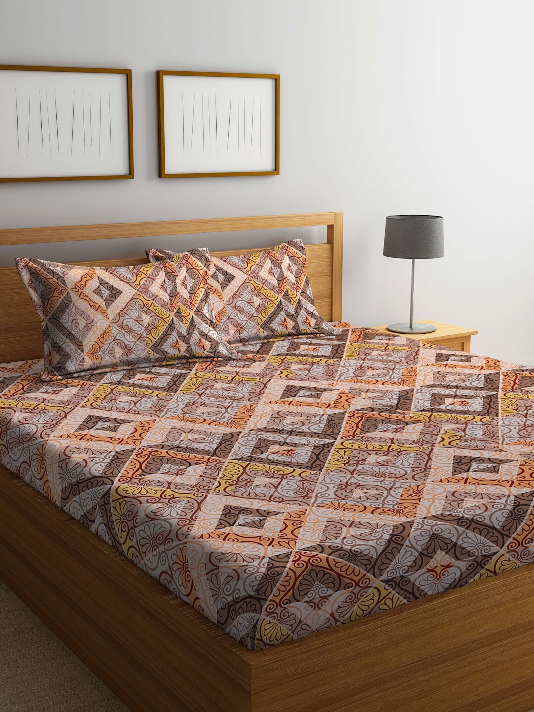 BOMBAY DYEING Epigram Brown & Yellow Ethnic Cotton 120 TC Queen Bedsheet & Pillow Covers | Grab2Buy