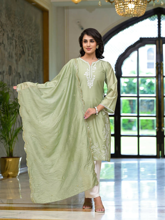 Juniper Women's Olive Thread Embroidered Viscose Kurta Palazzo And Dupatta Set With Thread & Mirror Work