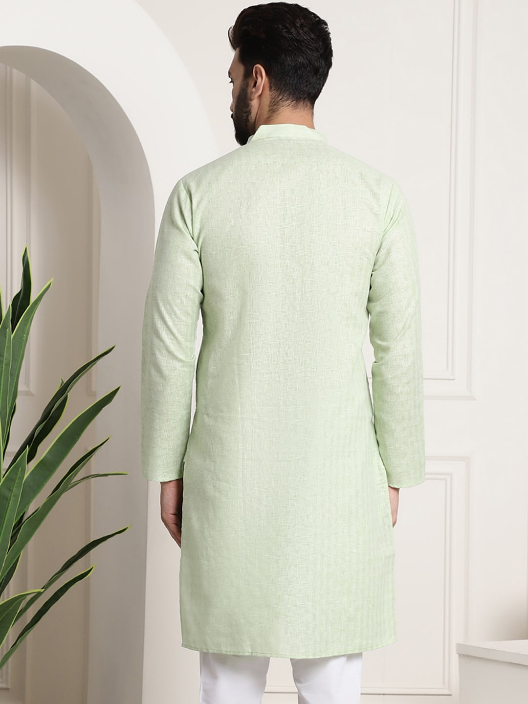 Sojanya Men Green Dobby Checked Straight Kurta 