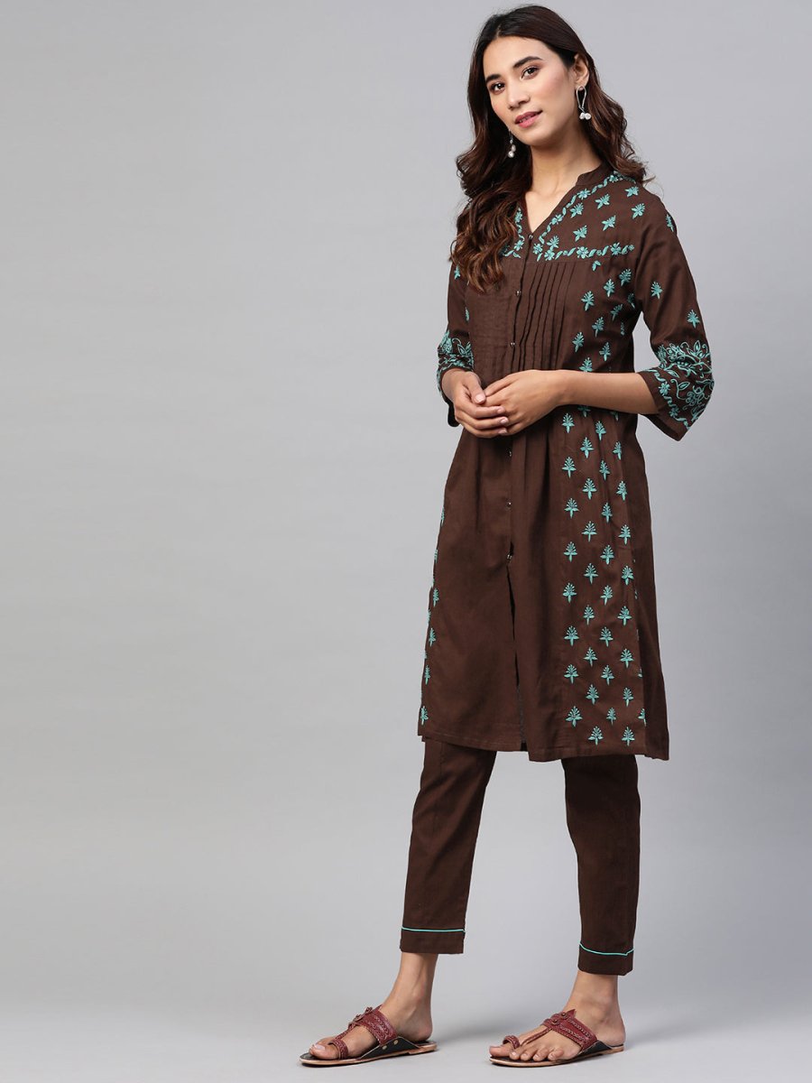 ADA Women Brown & Green Chikankari Embroidered Handloom Kurta with Trousers 