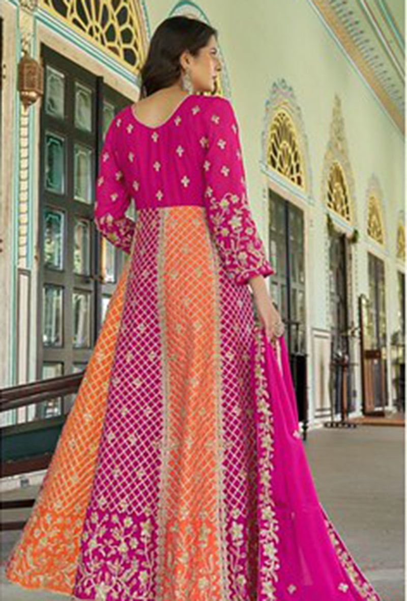 Monjolika Fashion Rani Pink And Orange Embroidered Anarkali Gown