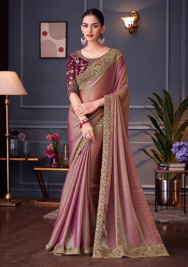 Monjolika Fashion Pink Embroidered Double Tone Silk Blend Designer Saree