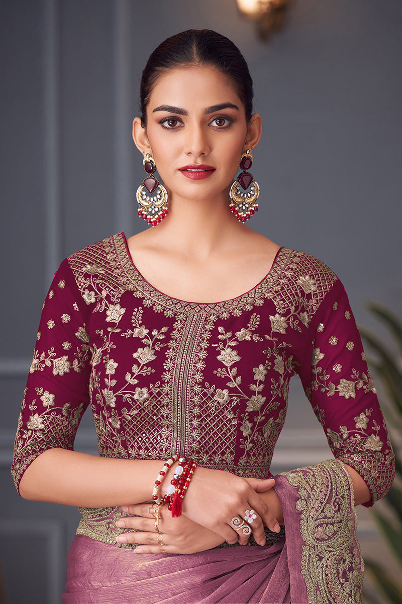 Monjolika Fashion Pink Embroidered Double Tone Silk Blend Designer Saree
