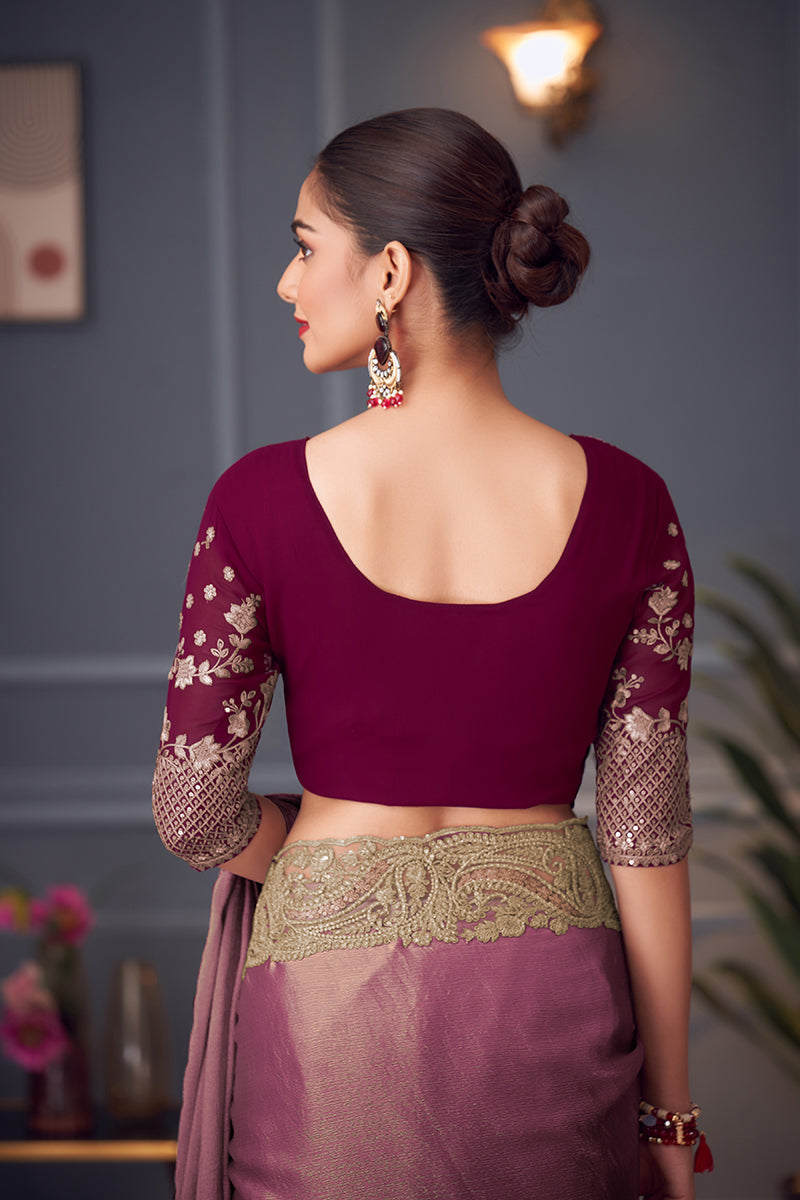 Monjolika Fashion Pink Embroidered Double Tone Silk Blend Designer Saree