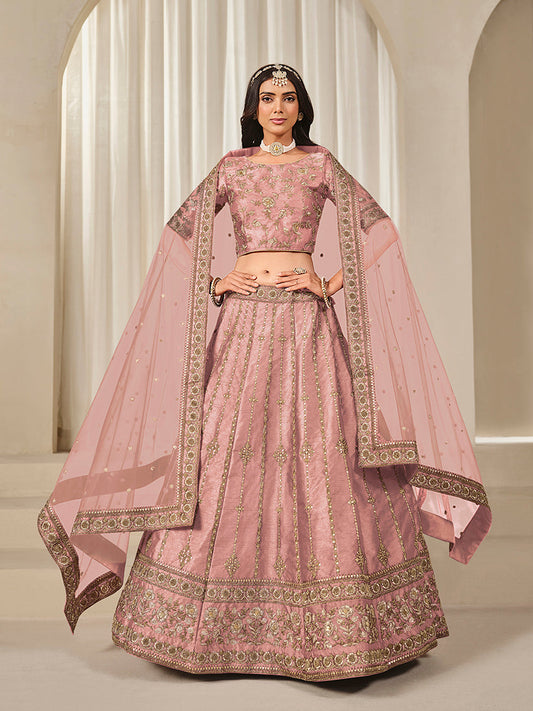 Monjolika Fashion Embroidered Pink Reception Art Silk A Line Lehenga Choli