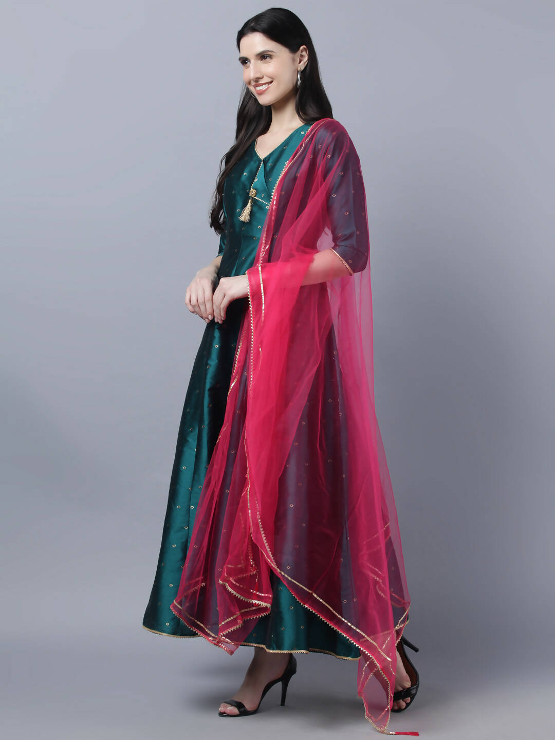 Myshka Green Red Ethnic Motifs Ethnic Anarkali Dress With Dupatta