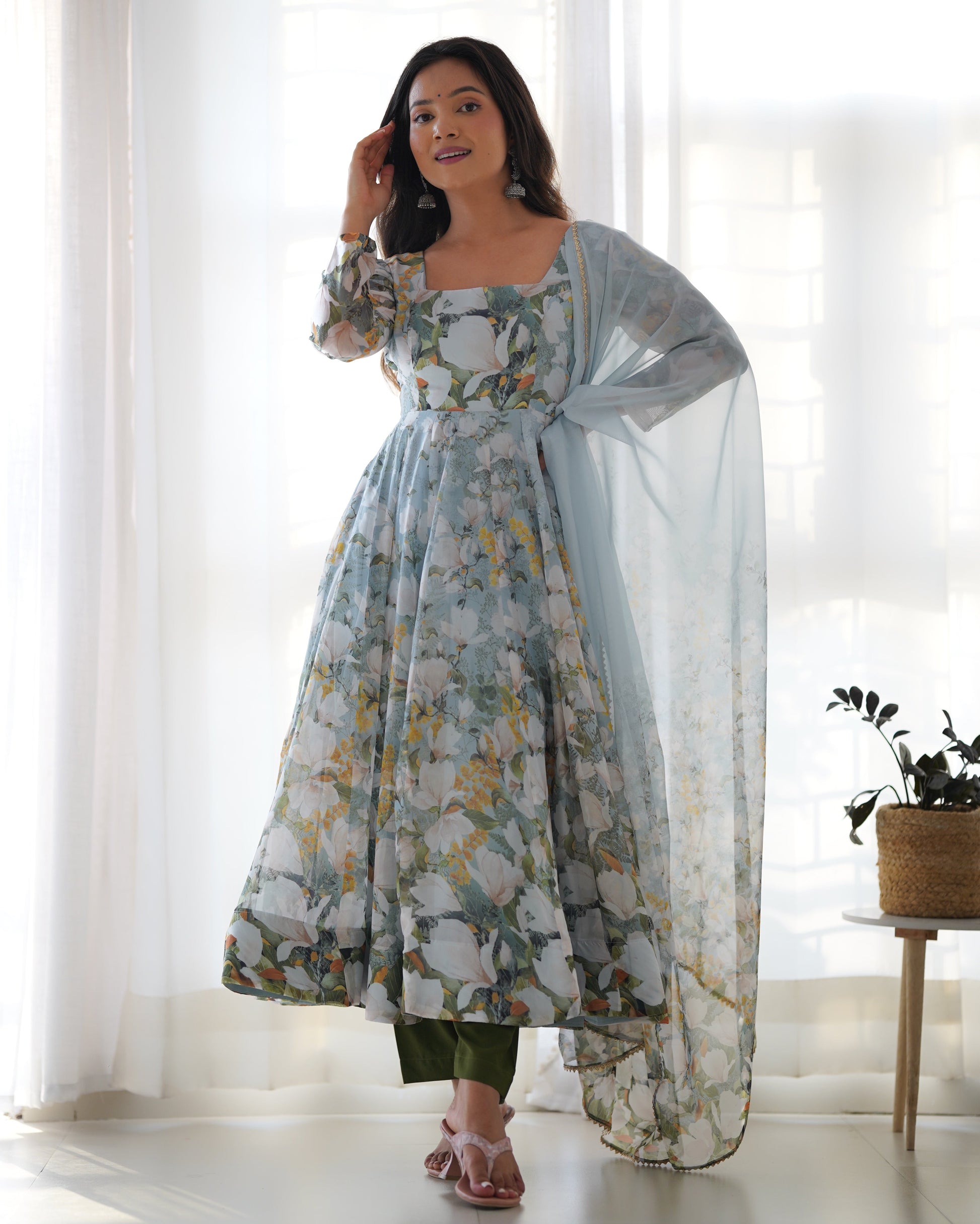 Lorenvalley Grey Soft Organza Silk With Floral Print Fully Flared Anarkali Pant With Dupatta Set 
