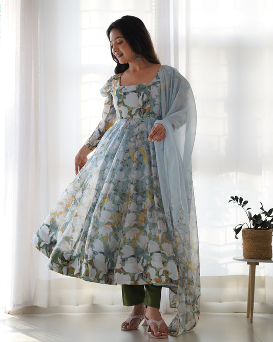Lorenvalley Grey Soft Organza Silk With Floral Print Fully Flared Anarkali Pant With Dupatta Set 