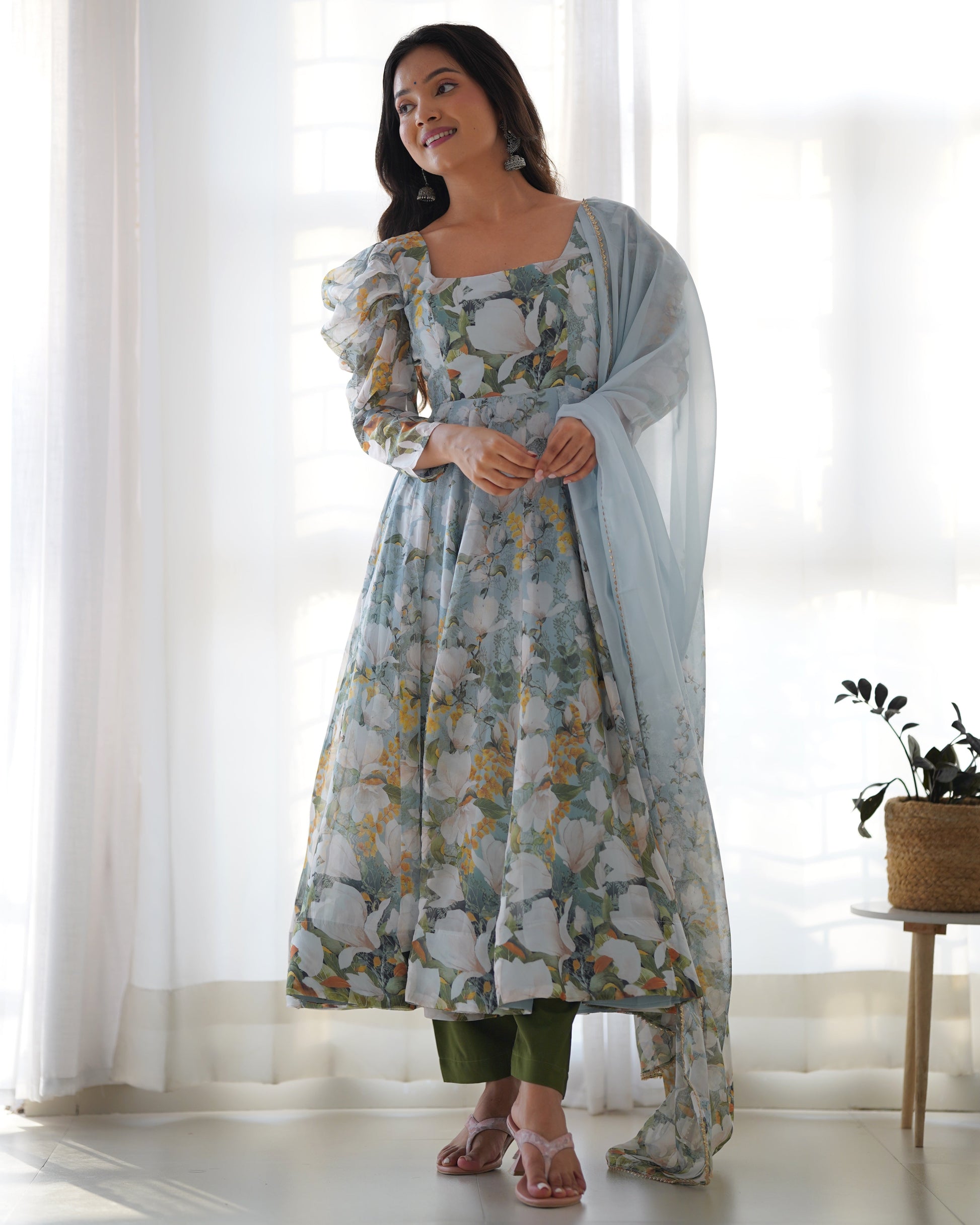Lorenvalley Grey Soft Organza Silk With Floral Print Fully Flared Anarkali Pant With Dupatta Set 