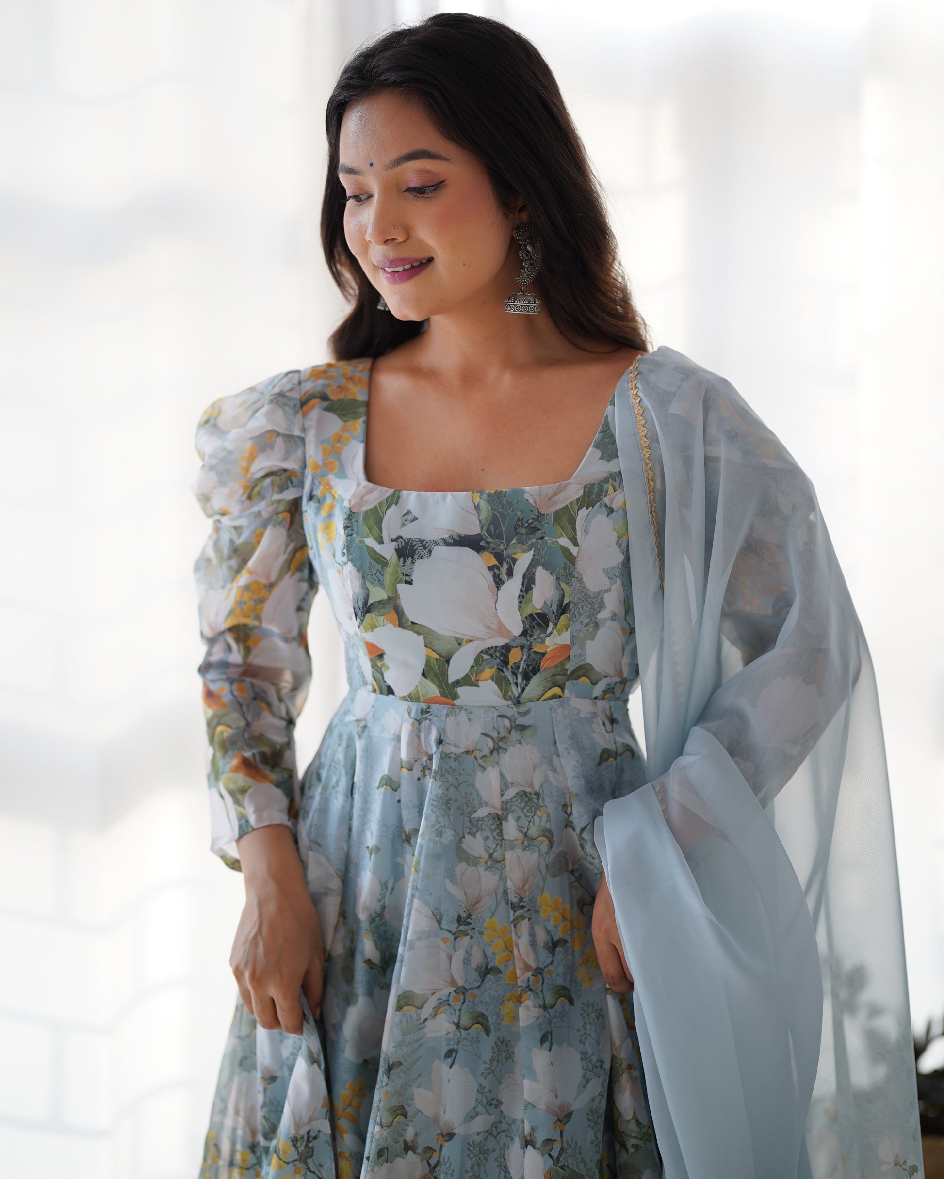 Lorenvalley Grey Soft Organza Silk With Floral Print Fully Flared Anarkali Pant With Dupatta Set 
