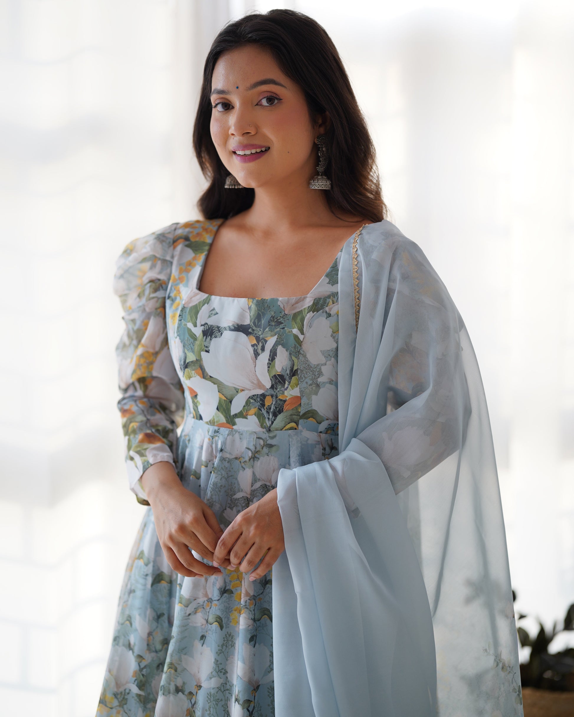 Lorenvalley Grey Soft Organza Silk With Floral Print Fully Flared Anarkali Pant With Dupatta Set 