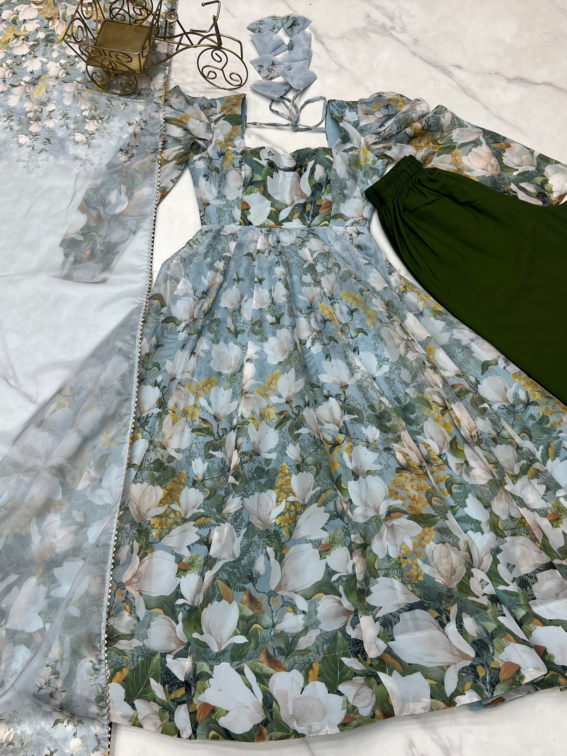 Lorenvalley Grey Soft Organza Silk With Floral Print Fully Flared Anarkali Pant With Dupatta Set 