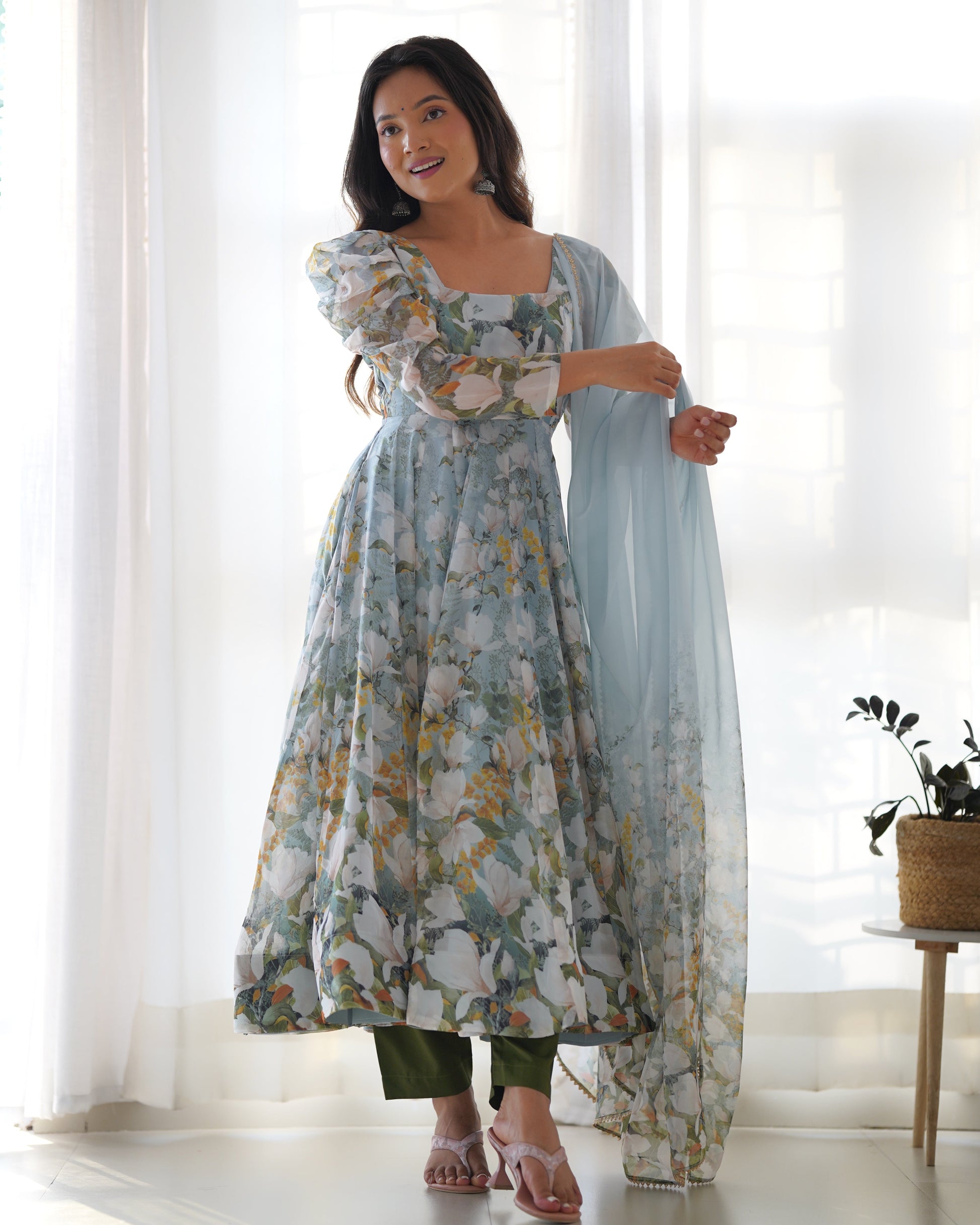 Lorenvalley Grey Soft Organza Silk With Floral Print Fully Flared Anarkali Pant With Dupatta Set 