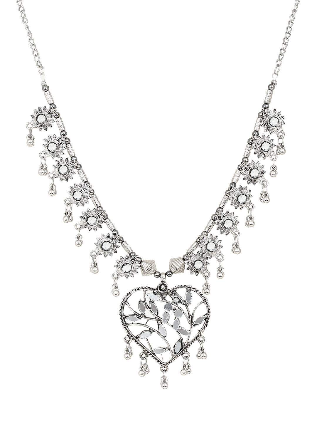 Cardinal Women Silver-Toned Oxidised Stone Studded & Beaded Heart Shaped Jewellery Set - Grab2buy