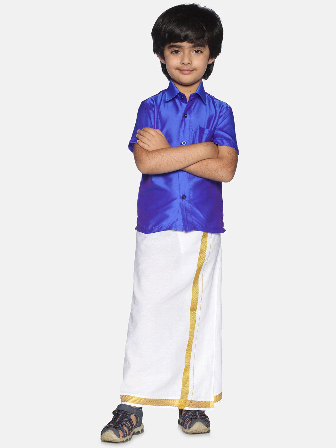 Sethukrishna Boys Blue & White Solid Shirt and Dhoti Set