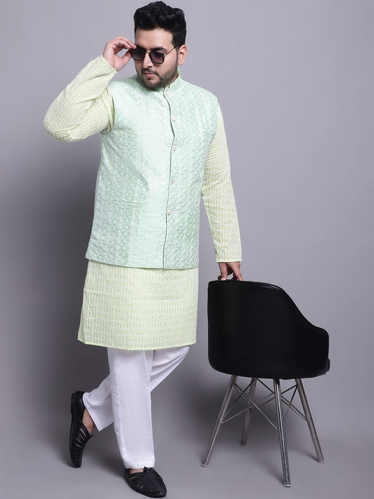 Sojanya Plus Plus Size Embroidered Pure Cotton Kurta With Pyjamas & Nehru Jacket 