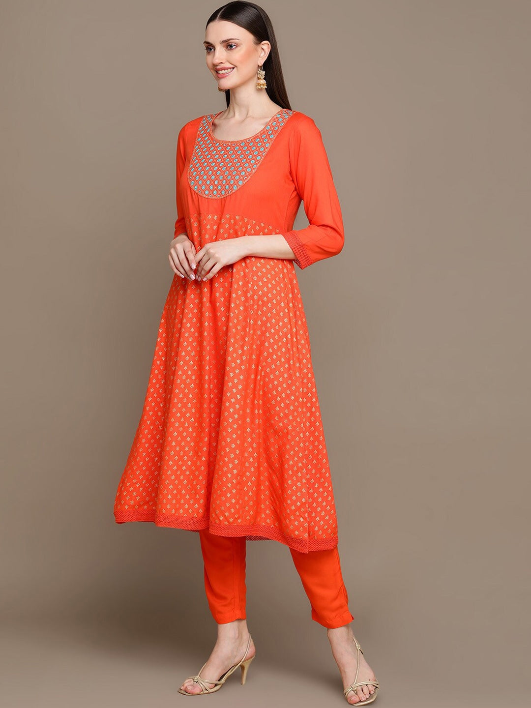 HERE&NOW Ethnic Motifs Embroidered Mirror Work Anarkali Kurta with Trousers & Dupatta