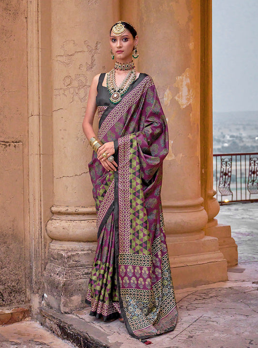 Monjolika Fashion Silk Blend Block Print Traditional Saree in Purple