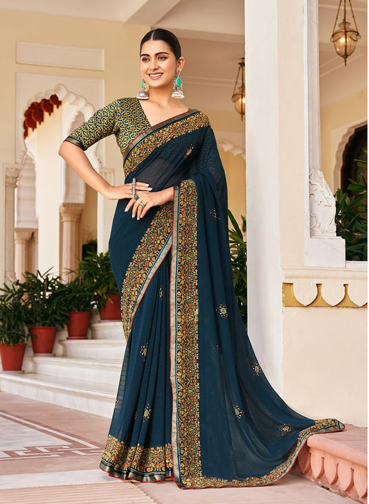 Monjolika Fashion Navy Blue Georgette Printed Festival Desginer Trendy Saree