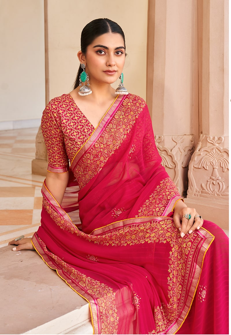 Monjolika Fashion Rani Pink Georgette Printed Festival Desginer Trendy Saree
