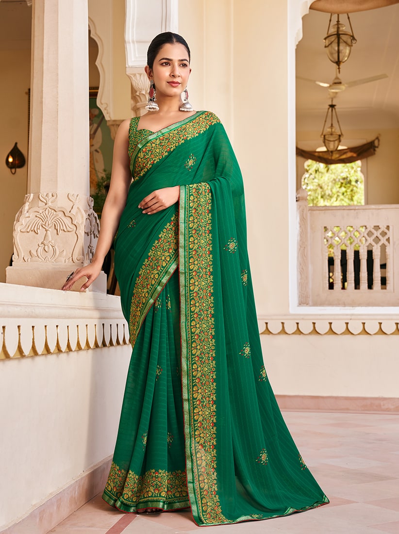 Monjolika Fashion Green Georgette Printed Festival Desginer Trendy Saree