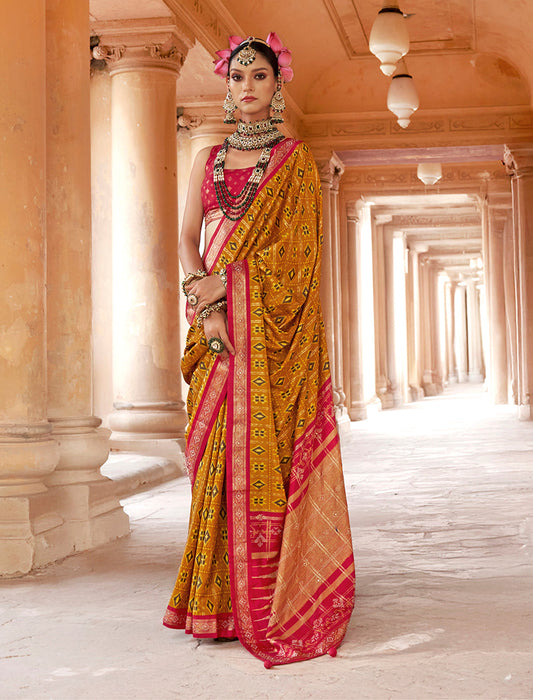 Monjolika Fashion Mustard Silk Blend Patola Print Classic Saree