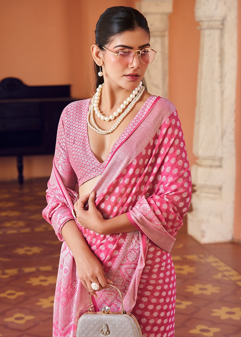 Monjolika Fashion Pink Weaving Georgette Party Contemporary Saree