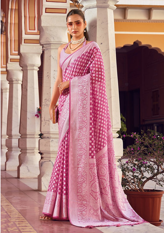 Monjolika Fashion Hot Pink Weaving Georgette Party Contemporary Saree