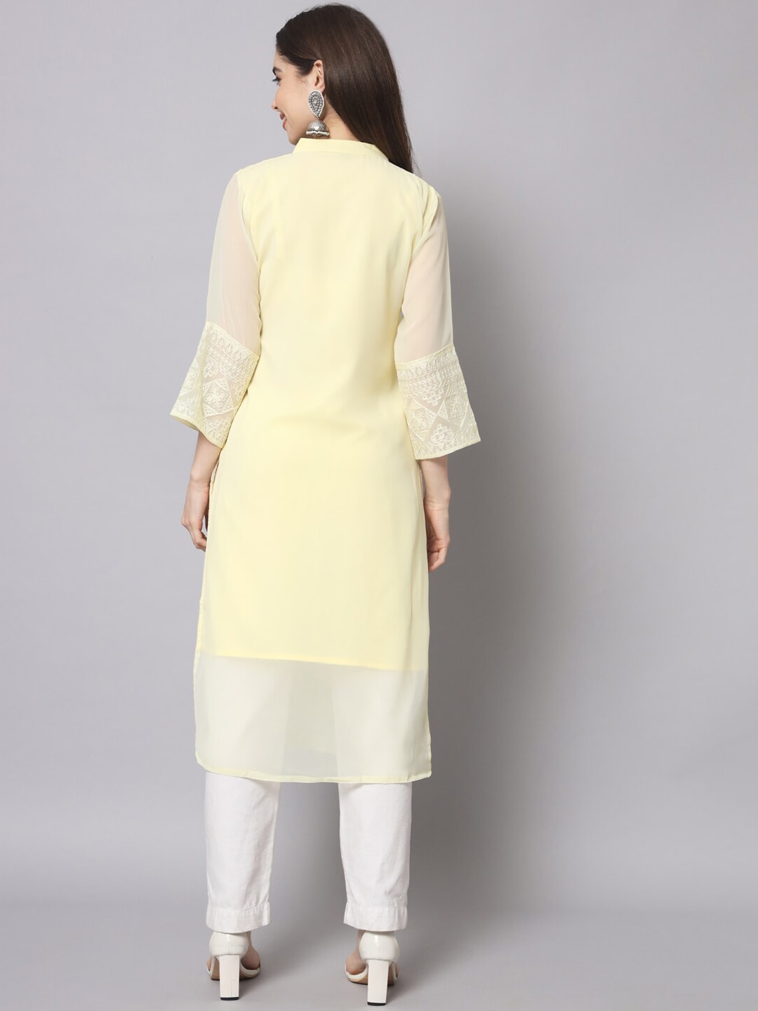 HERE&NOW Women Yellow Ethnic Motifs Embroidered Thread Work Georgette Kurta