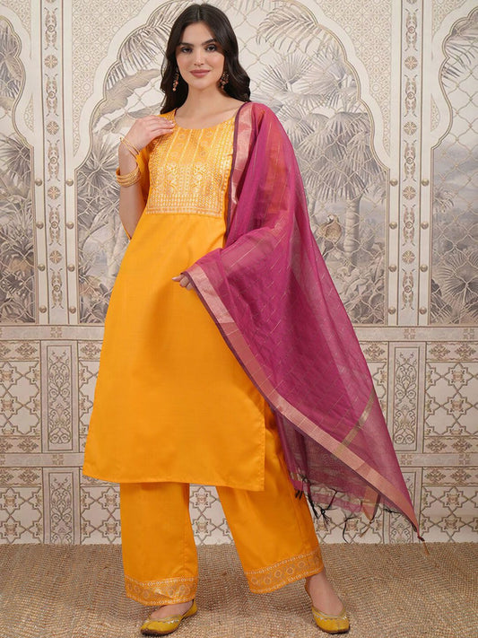 Vishudh Floral Yoke Design Straight Kurta with Palazzos & With Dupatta | Grab2Buy