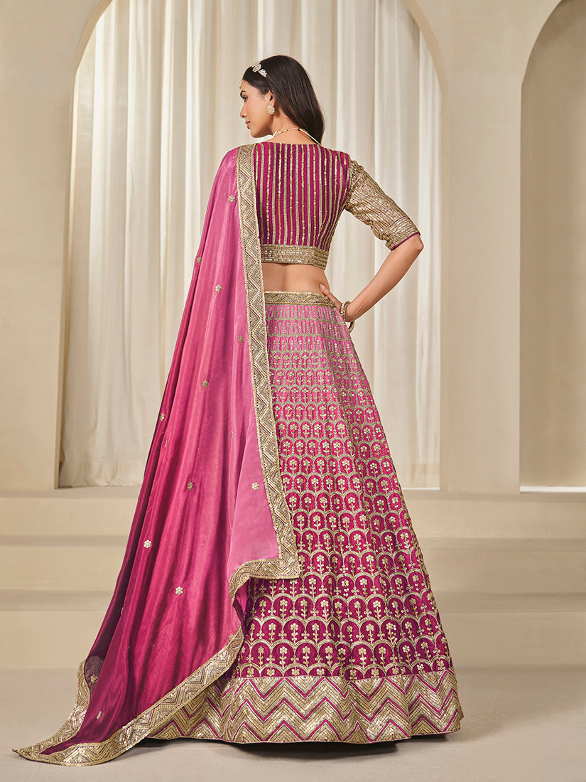 Monjolika Fashion Hot Pink Chinon Silk With Embroidered, Sequins, Thread And Zari Work Lehenga Choli