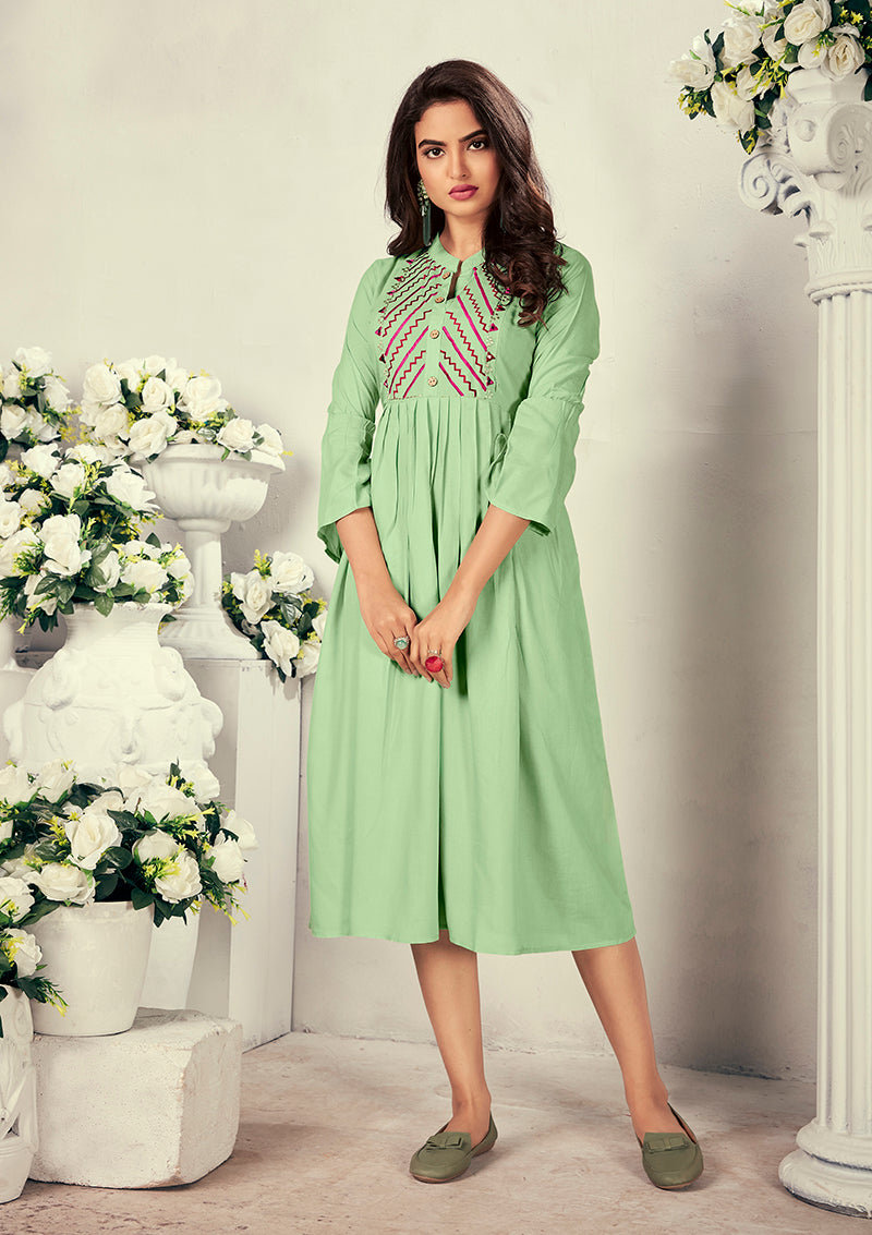 Monjolika Fashion Fancy Festive Wear Pista Green Color Rayon Fabric Thread Embroidered Kurti | Grab2Buy