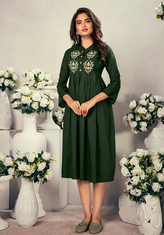 Monjolika Fashion Fancy Festive Wear Bottle Green Color Rayon Fabric Thread Embroidered Kurti | Grab2Buy