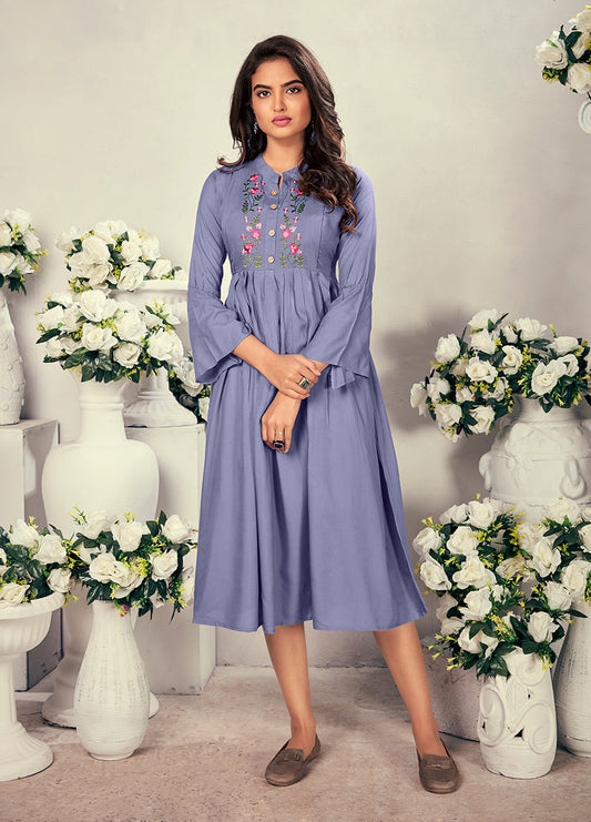 Monjolika Fashion Fancy Festive Wear Lavender Color Rayon Fabric Thread Embroidered Kurti | Grab2Buy
