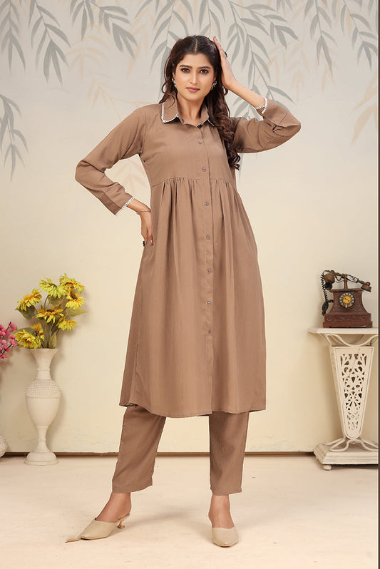 Monjolika Fashion Brown Cotton Solid Festival Casual Kurti | Grab2Buy