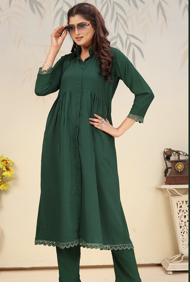 Monjolika Fashion Bottle Green Cotton Solid Festival Casual Kurti | Grab2Buy