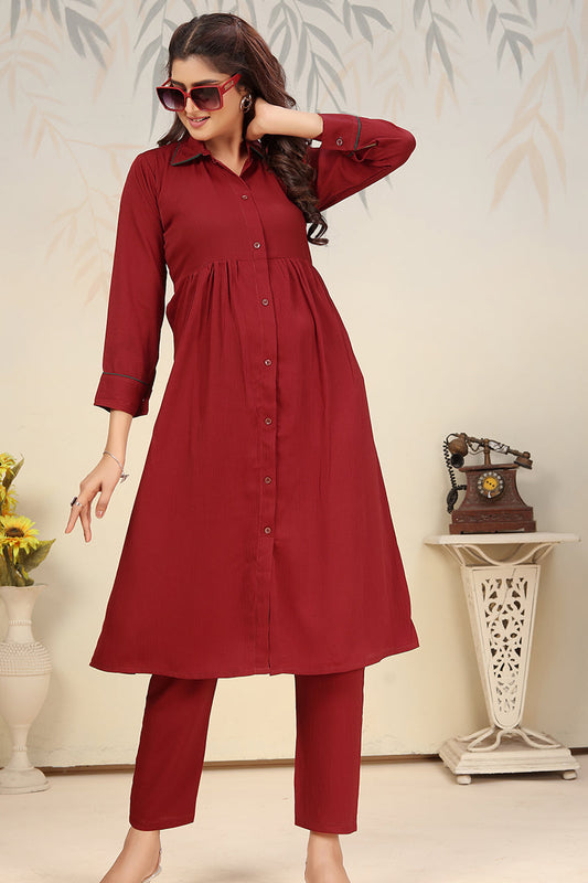 Monjolika Fashion Maroon Cotton Solid Festival Casual Kurti | Grab2Buy