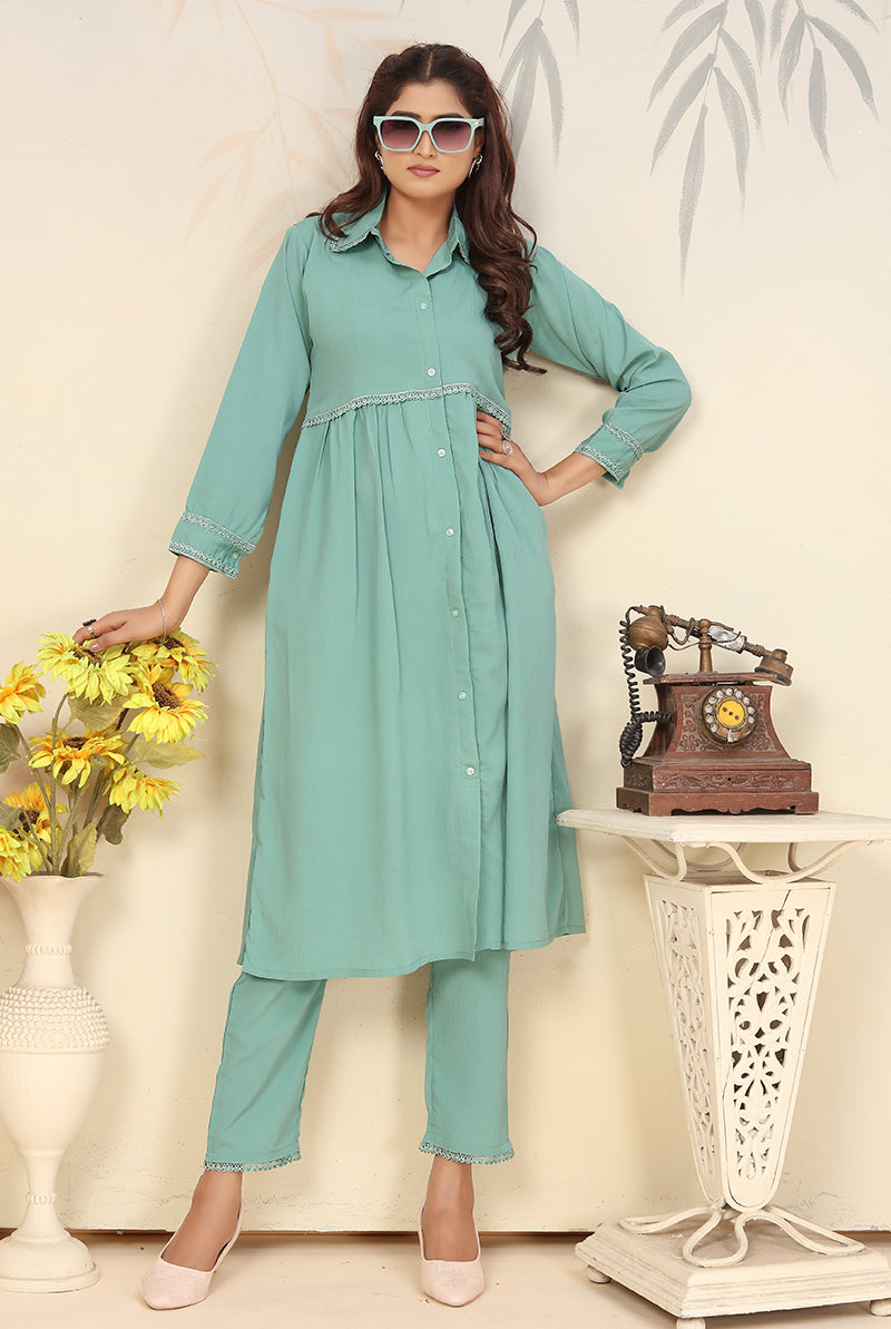 Monjolika Fashion Light Cyan Cotton Solid Festival Casual Kurti | Grab2Buy