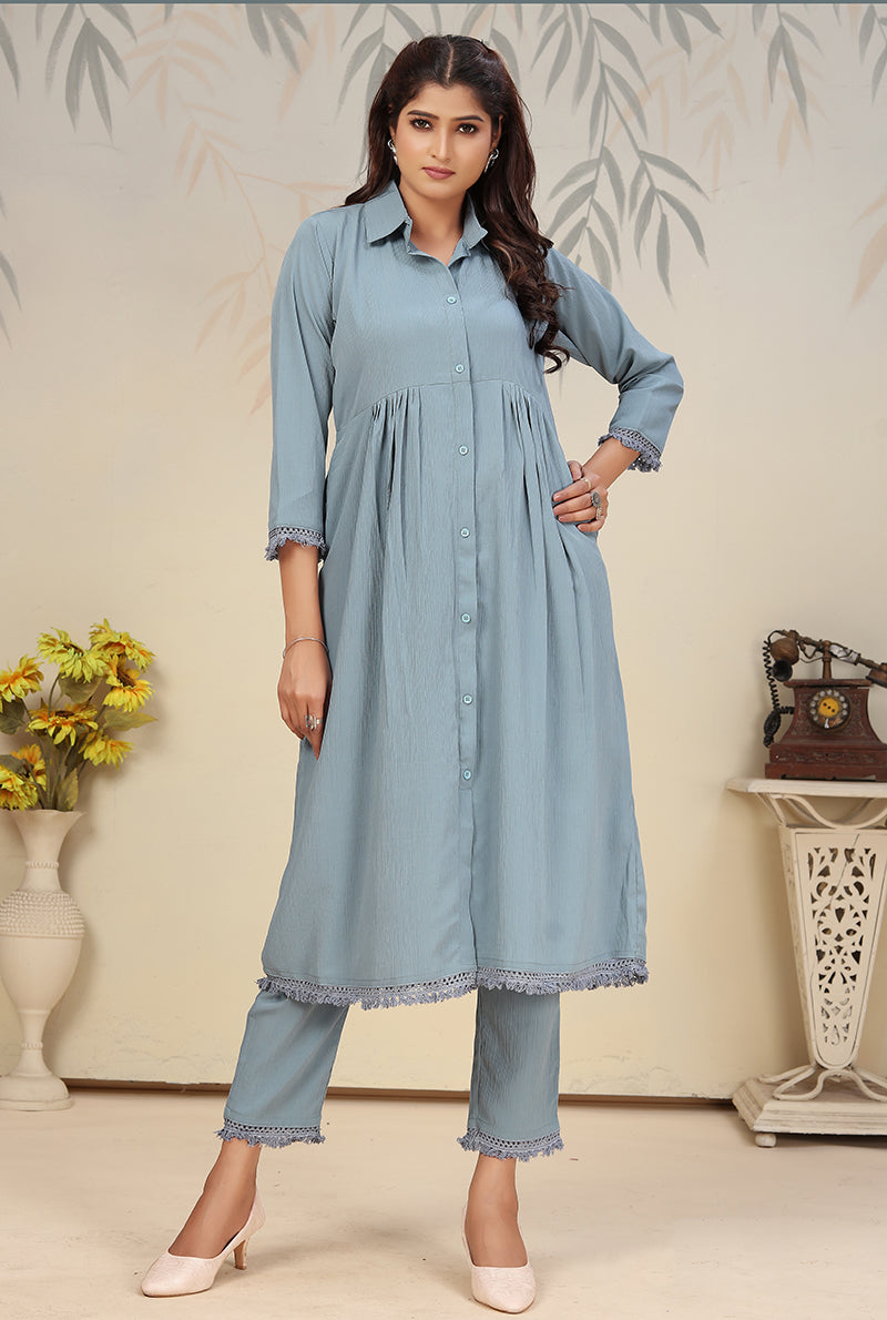 Monjolika Fashion Sky Blue Cotton Solid Festival Casual Kurti | Grab2Buy