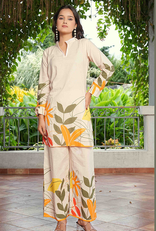 Monjolika Fashion Elegant Cream Floral Printed Cotton Co-Ord Set For Women 