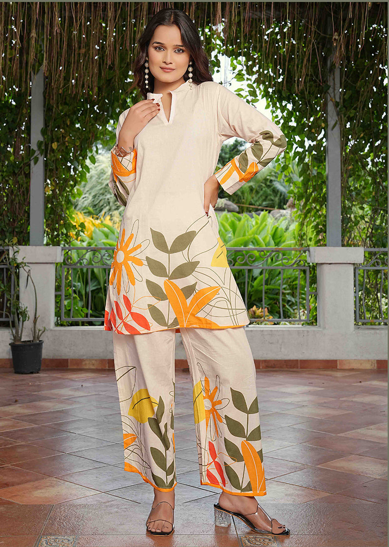 Monjolika Fashion Elegant Cream Floral Printed Cotton Co-Ord Set For Women 
