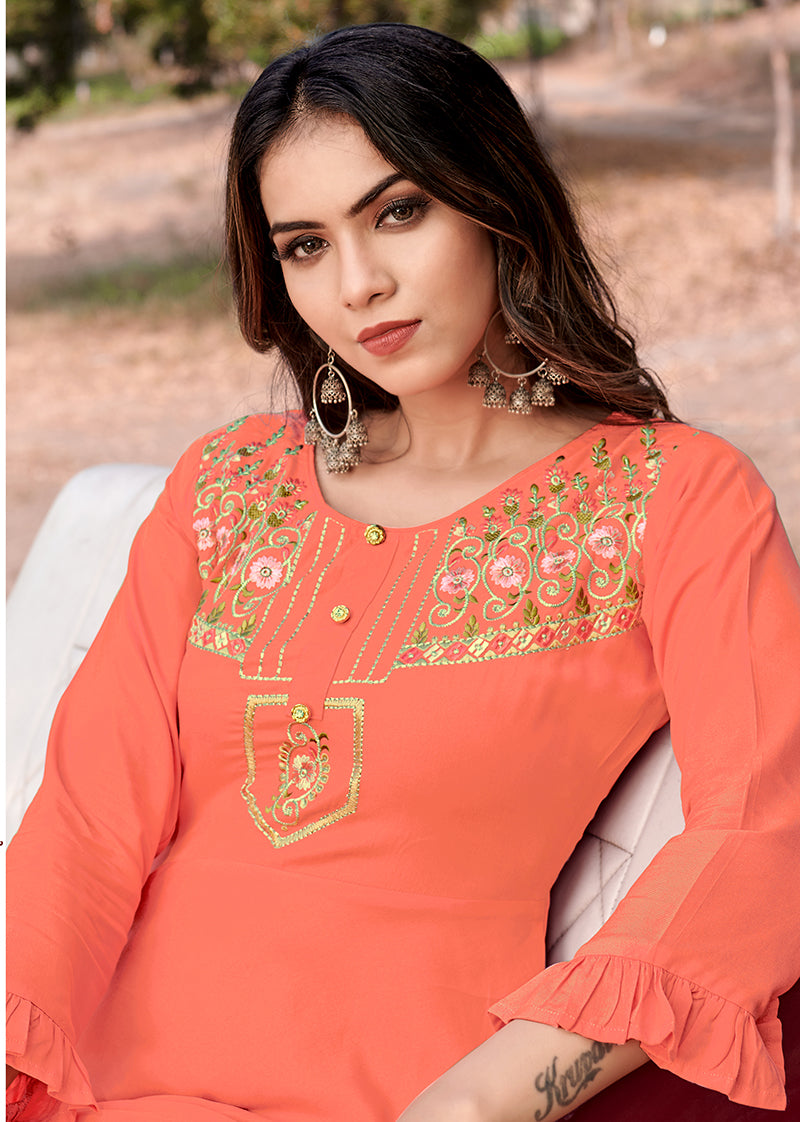 Monjolika Fashion Peach Rayon Embroidered Designer Kurti